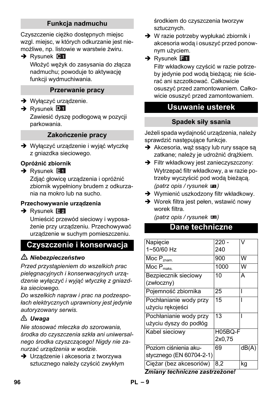 Czyszczenie i konserwacja usuwanie usterek, Dane techniczne | Karcher WD 5-800 eco!ogic User Manual | Page 96 / 158