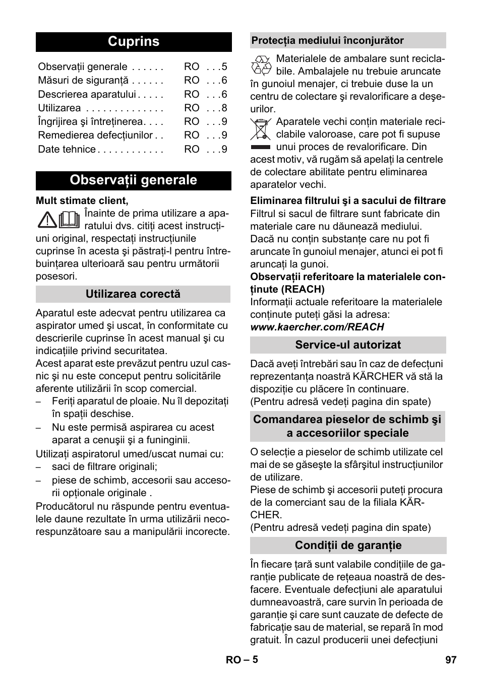 Româneşte, Cuprins, Observaţii generale | Karcher WD 5-800 eco!ogic User Manual | Page 97 / 158