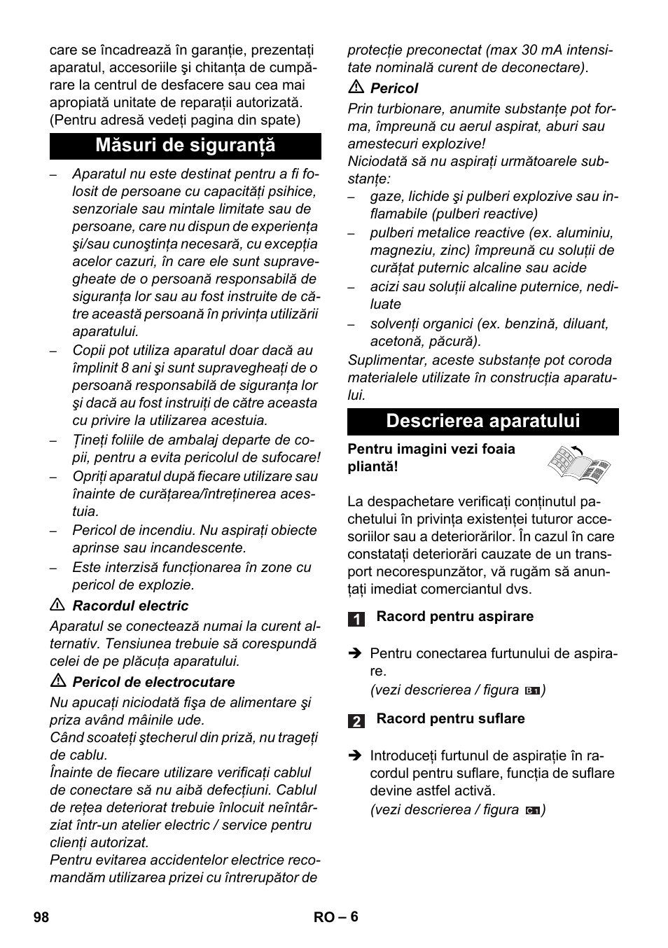 Măsuri de siguranţă descrierea aparatului | Karcher WD 5-800 eco!ogic User Manual | Page 98 / 158