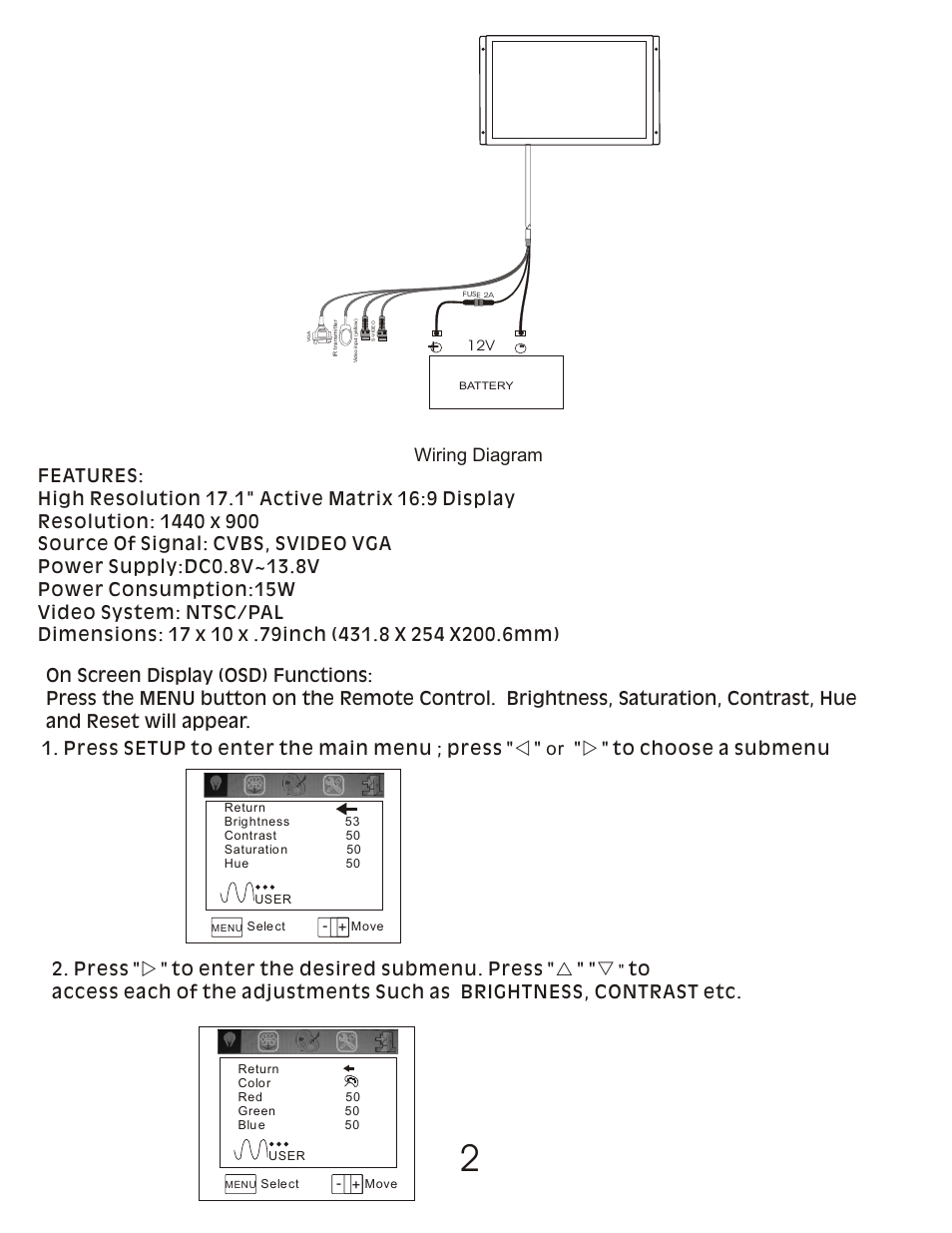Wiring diagram, Press setup to enter the main menu ; press, V " or "w | R " "s | Audiovox MOVIES 2 GO MM170R User Manual | Page 2 / 4