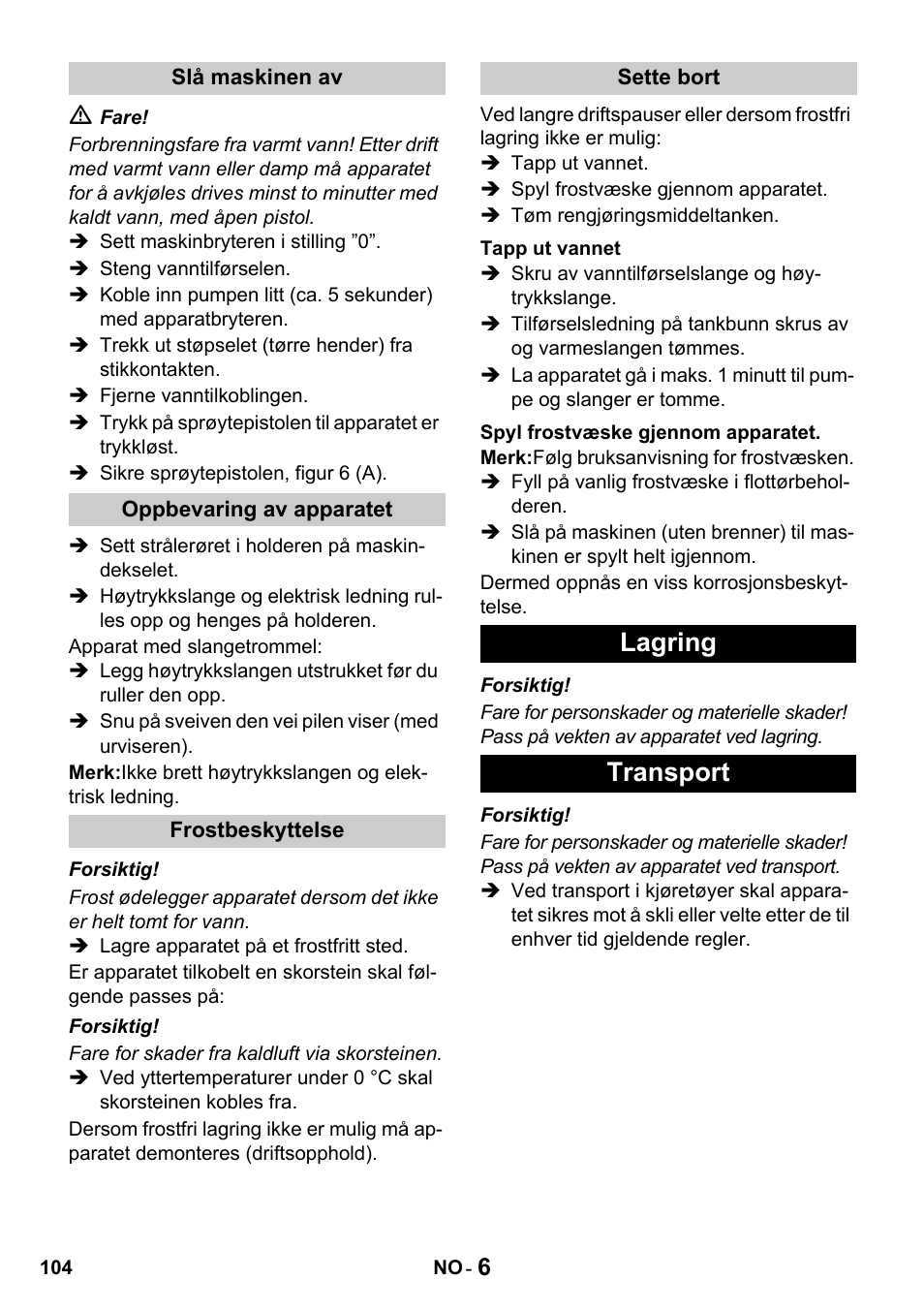 Lagring transport | Karcher HDS 650 4M BASICEU-I User Manual | Page 104 / 328