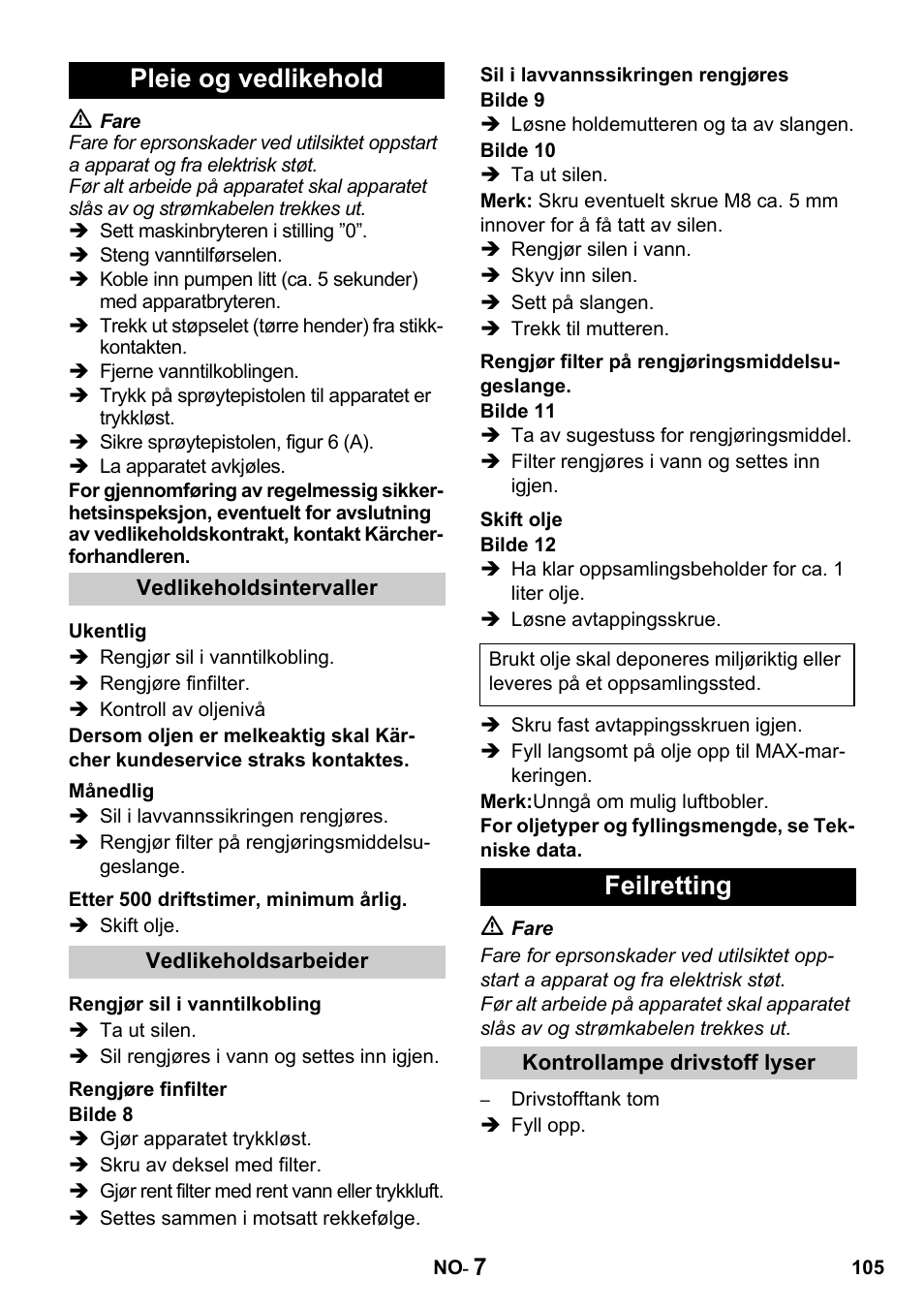 Pleie og vedlikehold, Feilretting | Karcher HDS 650 4M BASICEU-I User Manual | Page 105 / 328