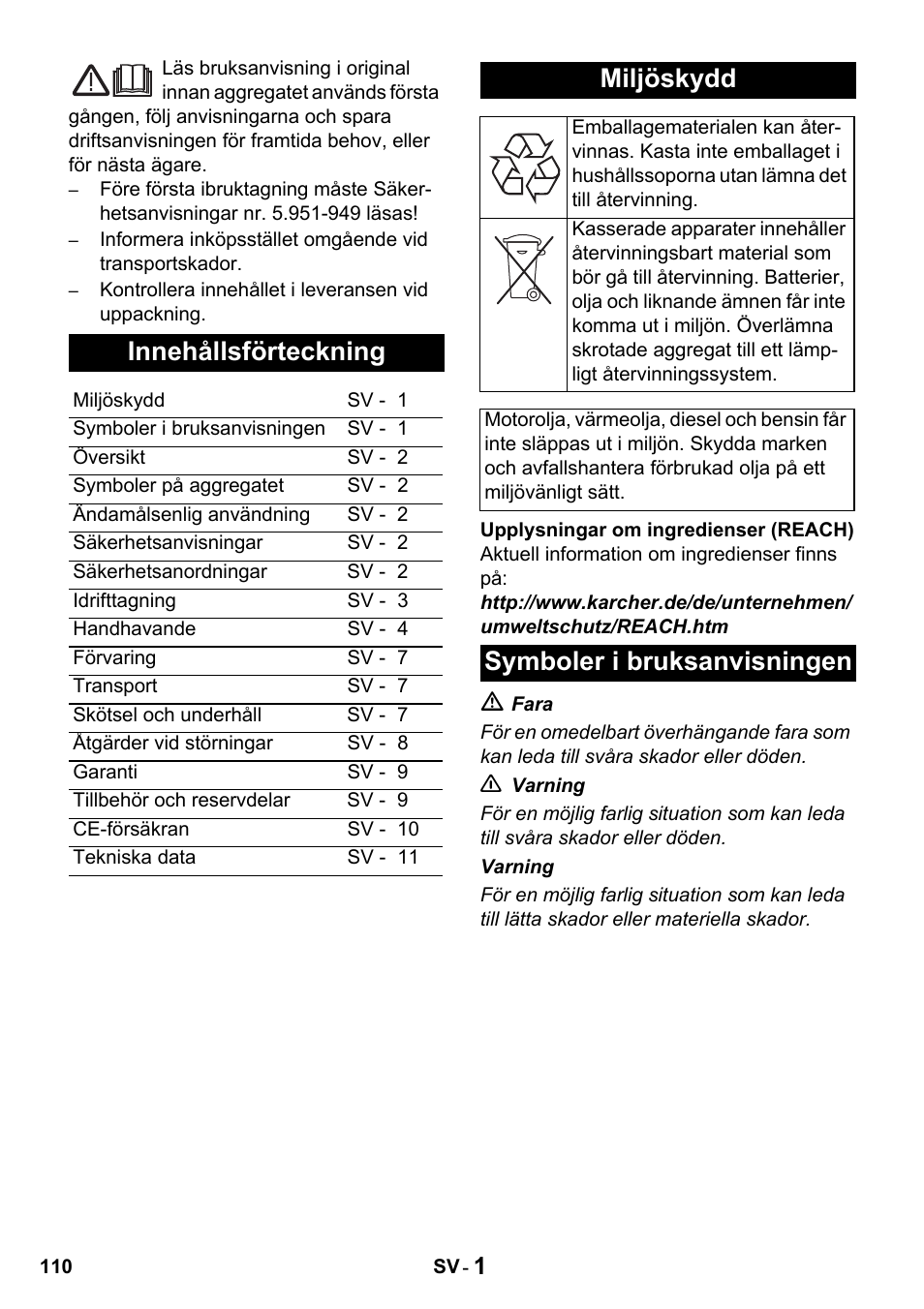 Innehållsförteckning, Miljöskydd, Symboler i bruksanvisningen | Karcher HDS 650 4M BASICEU-I User Manual | Page 110 / 328