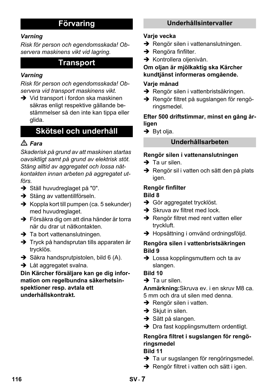 Förvaring transport skötsel och underhåll | Karcher HDS 650 4M BASICEU-I User Manual | Page 116 / 328