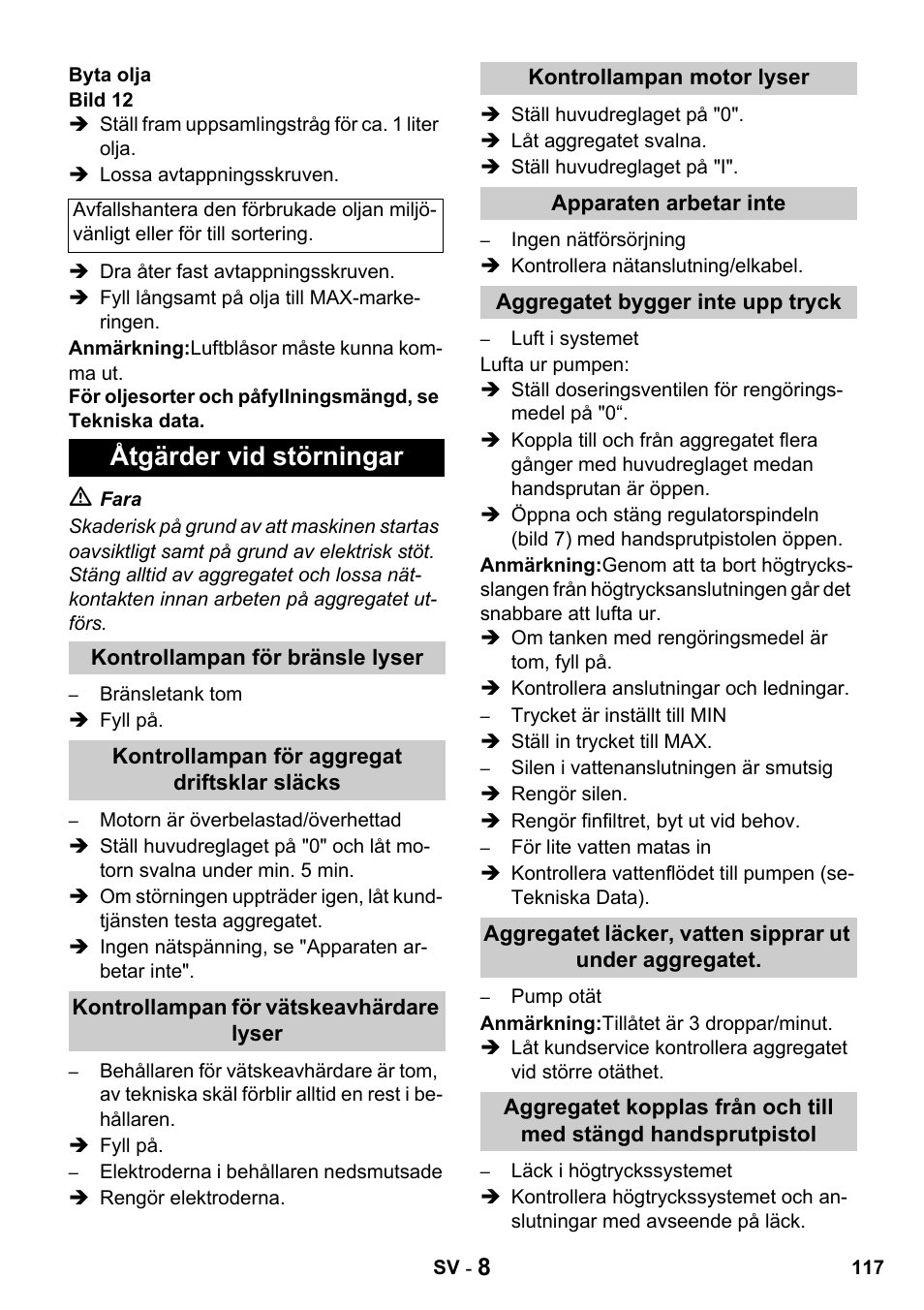 Åtgärder vid störningar | Karcher HDS 650 4M BASICEU-I User Manual | Page 117 / 328