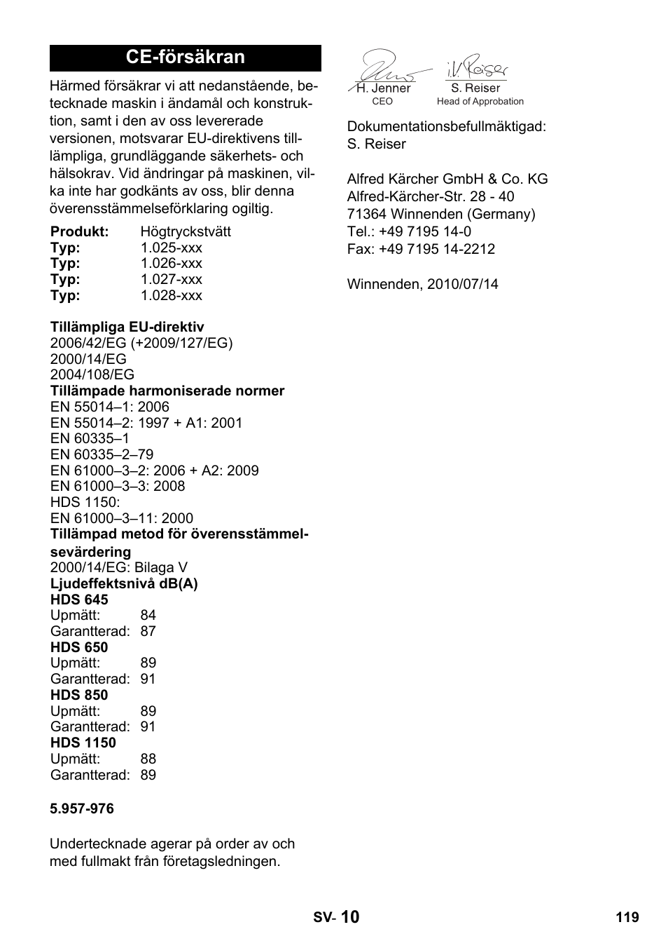 Ce-försäkran | Karcher HDS 650 4M BASICEU-I User Manual | Page 119 / 328