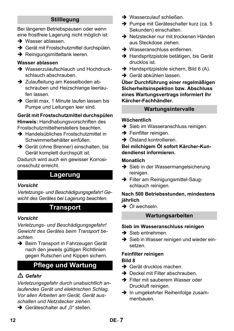 Lagerung transport pflege und wartung | Karcher HDS 650 4M BASICEU-I User Manual | Page 12 / 328