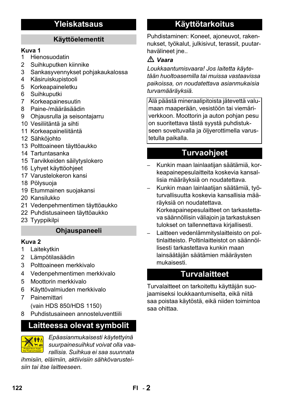 Yleiskatsaus, Laitteessa olevat symbolit käyttötarkoitus, Turvaohjeet turvalaitteet | Karcher HDS 650 4M BASICEU-I User Manual | Page 122 / 328