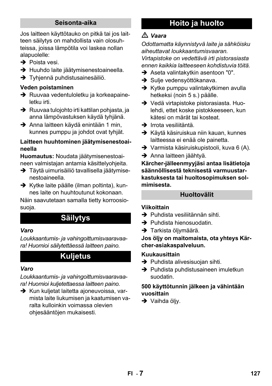 Säilytys kuljetus hoito ja huolto | Karcher HDS 650 4M BASICEU-I User Manual | Page 127 / 328