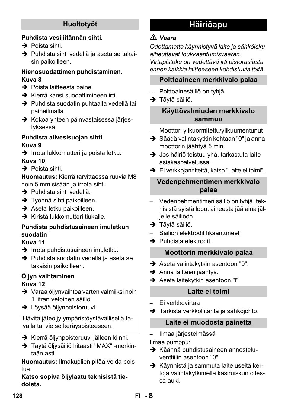 Häiriöapu | Karcher HDS 650 4M BASICEU-I User Manual | Page 128 / 328