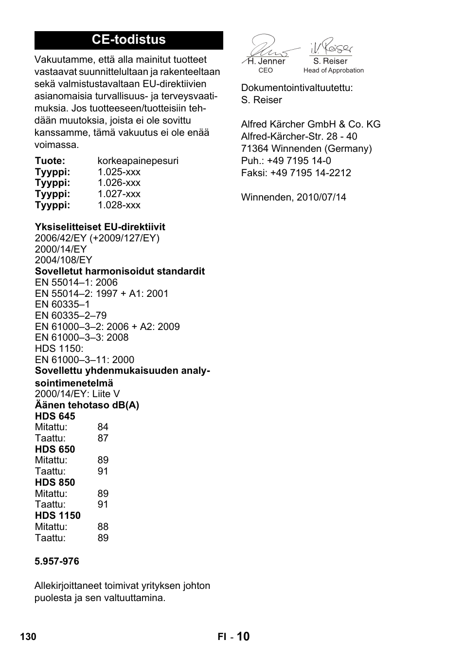 Ce-todistus | Karcher HDS 650 4M BASICEU-I User Manual | Page 130 / 328