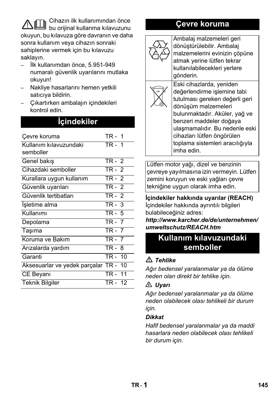 Içindekiler, Çevre koruma, Kullanım kılavuzundaki semboller | Karcher HDS 650 4M BASICEU-I User Manual | Page 145 / 328