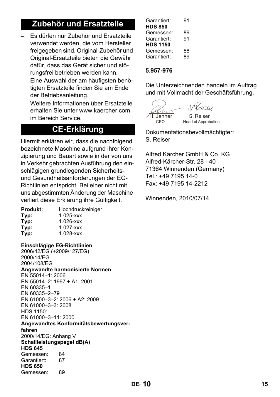 Zubehör und ersatzteile ce-erklärung | Karcher HDS 650 4M BASICEU-I User Manual | Page 15 / 328