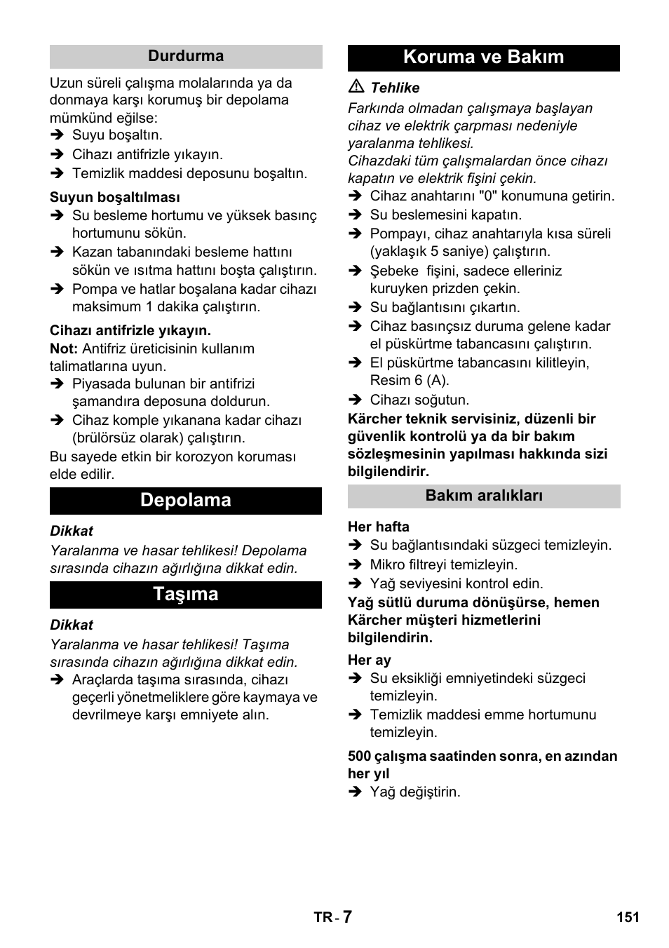 Depolama taşıma koruma ve bakım | Karcher HDS 650 4M BASICEU-I User Manual | Page 151 / 328