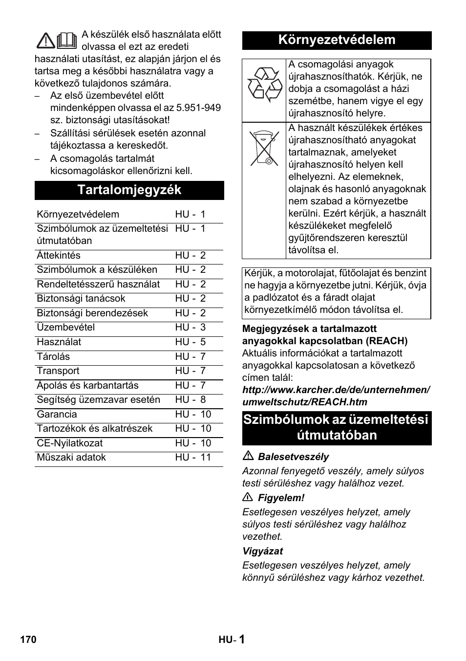 Tartalomjegyzék, Környezetvédelem, Szimbólumok az üzemeltetési útmutatóban | Karcher HDS 650 4M BASICEU-I User Manual | Page 170 / 328