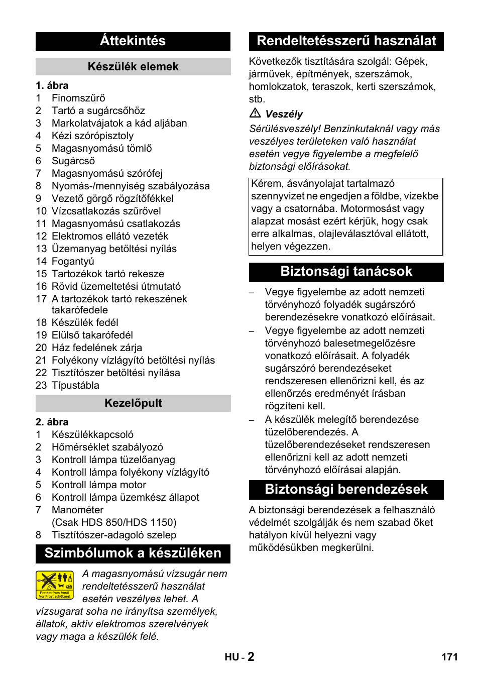 Áttekintés, Biztonsági tanácsok biztonsági berendezések | Karcher HDS 650 4M BASICEU-I User Manual | Page 171 / 328