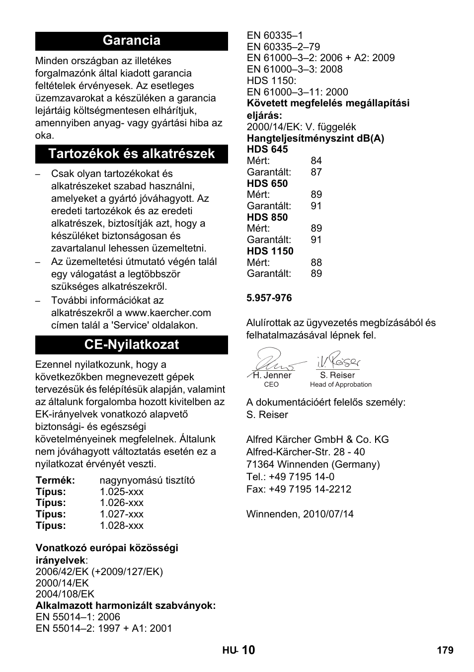 Garancia tartozékok és alkatrészek ce-nyilatkozat | Karcher HDS 650 4M BASICEU-I User Manual | Page 179 / 328