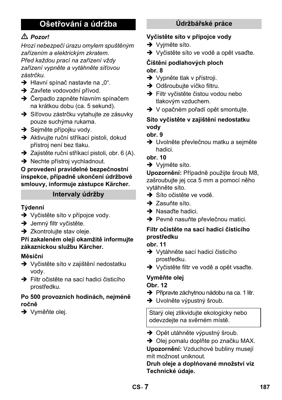 Ošetřování a údržba | Karcher HDS 650 4M BASICEU-I User Manual | Page 187 / 328