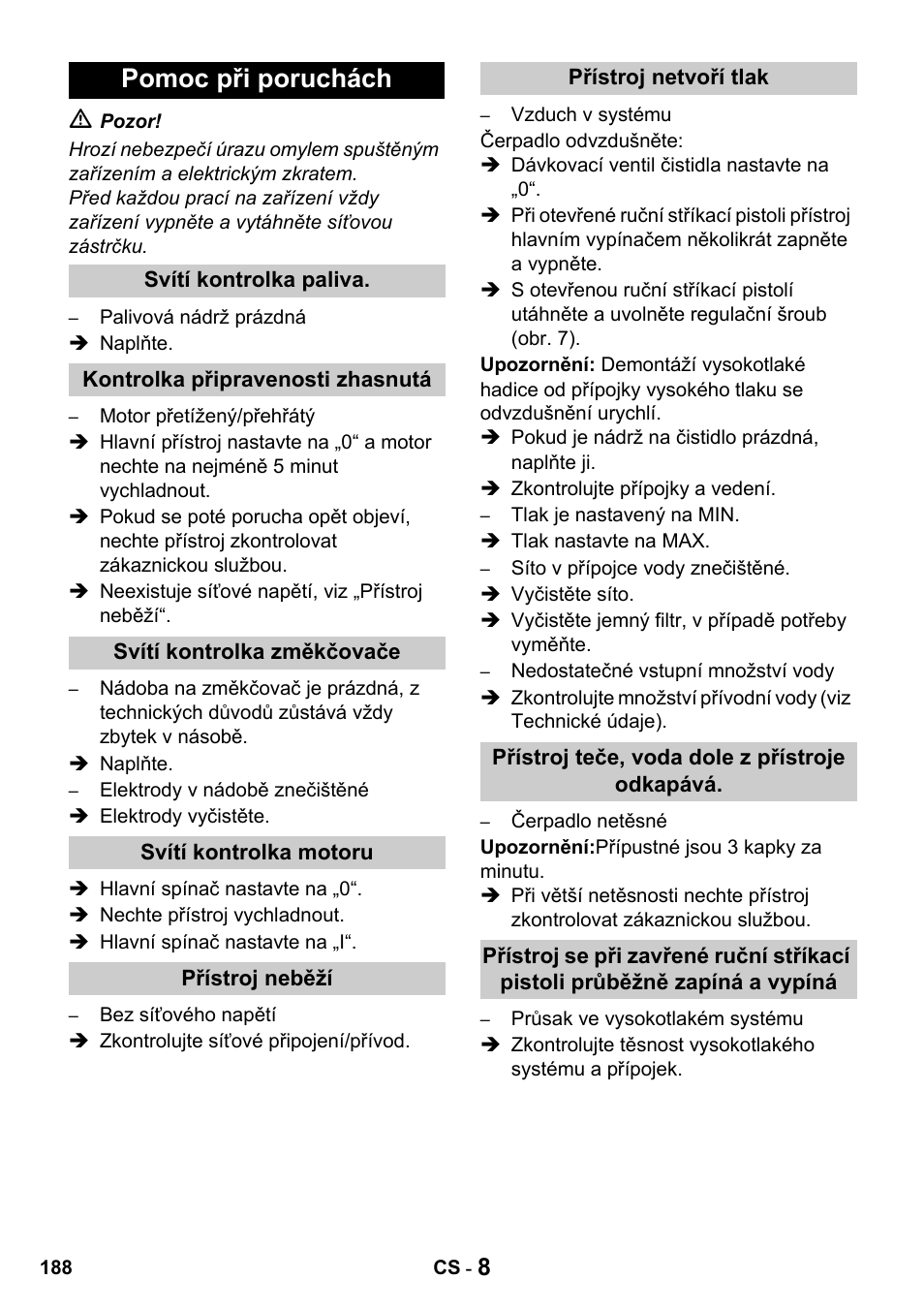 Pomoc při poruchách | Karcher HDS 650 4M BASICEU-I User Manual | Page 188 / 328