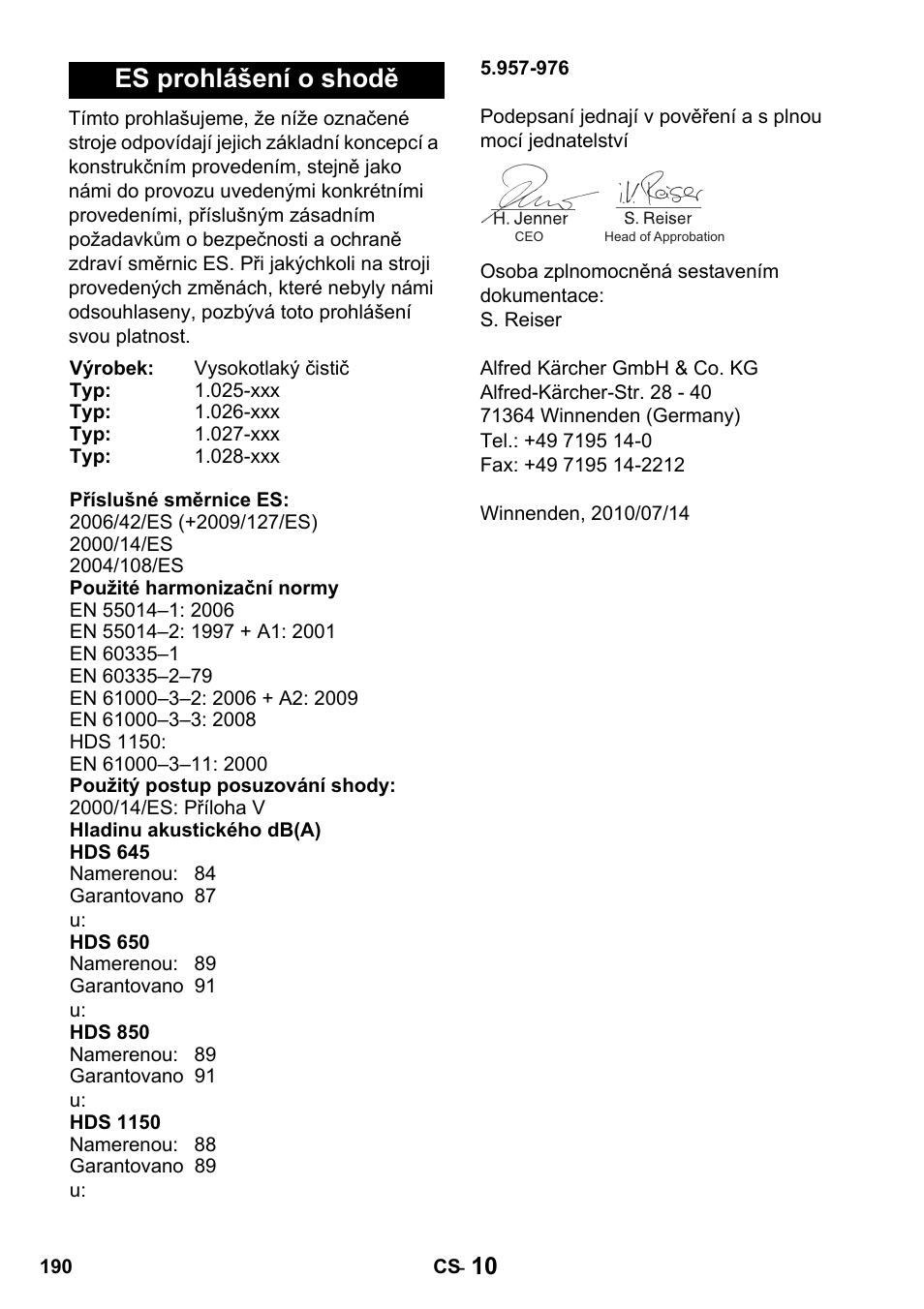 Es prohlášení o shodě | Karcher HDS 650 4M BASICEU-I User Manual | Page 190 / 328