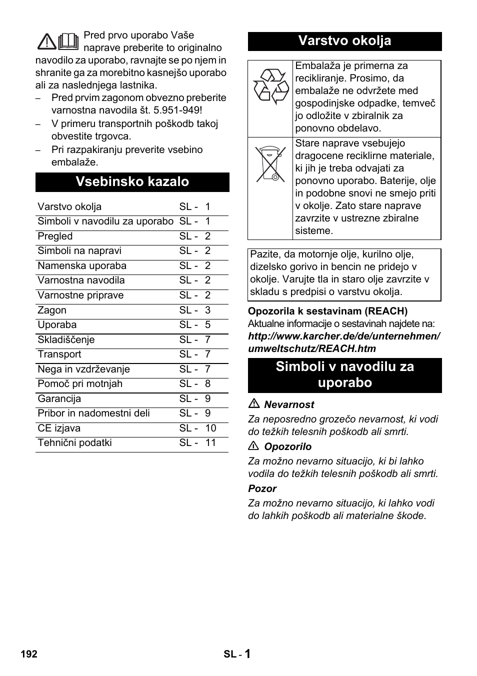 Vsebinsko kazalo, Varstvo okolja, Simboli v navodilu za uporabo | Karcher HDS 650 4M BASICEU-I User Manual | Page 192 / 328