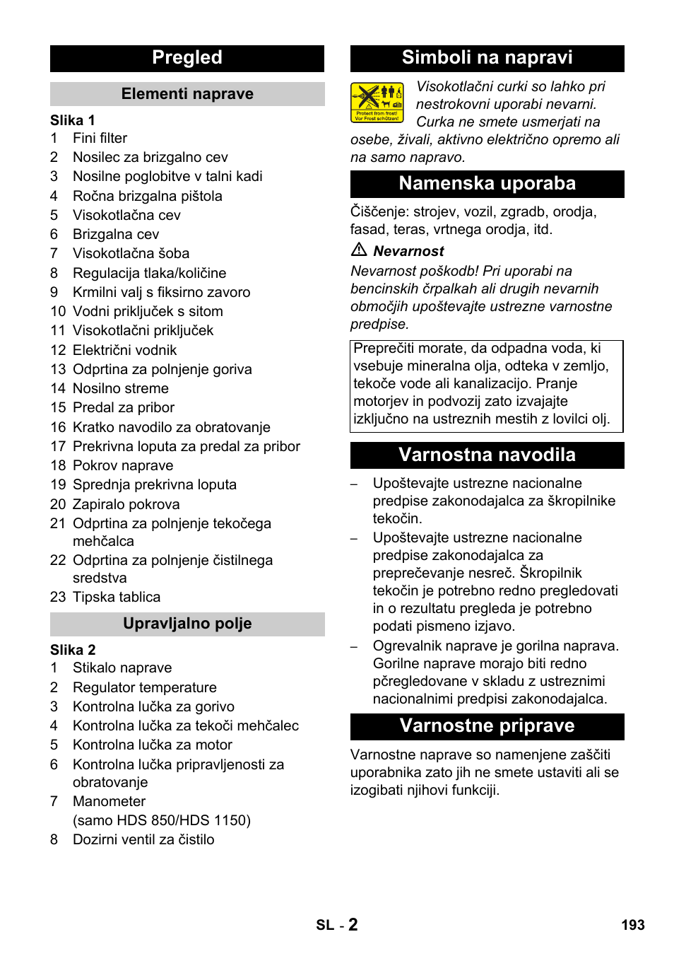 Pregled, Simboli na napravi namenska uporaba, Varnostna navodila varnostne priprave | Karcher HDS 650 4M BASICEU-I User Manual | Page 193 / 328