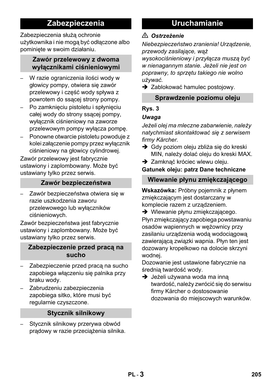 Zabezpieczenia, Uruchamianie | Karcher HDS 650 4M BASICEU-I User Manual | Page 205 / 328