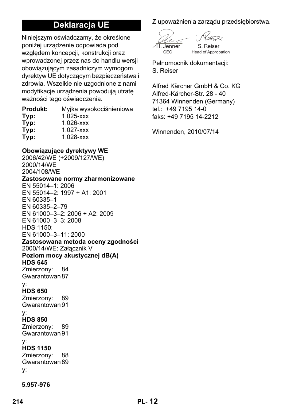 Deklaracja ue | Karcher HDS 650 4M BASICEU-I User Manual | Page 214 / 328