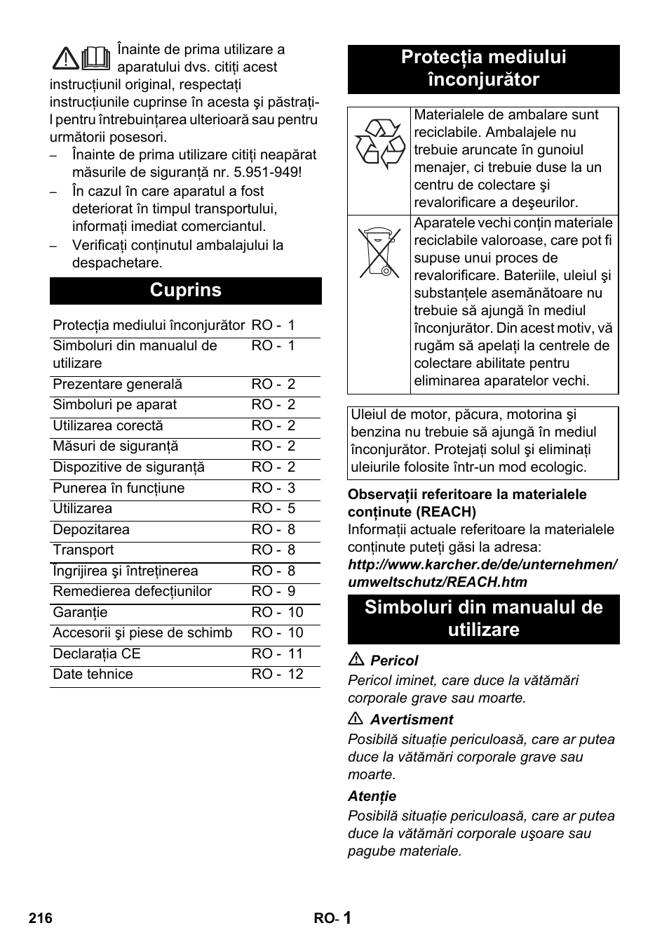 Cuprins, Protecţia mediului înconjurător, Simboluri din manualul de utilizare | Karcher HDS 650 4M BASICEU-I User Manual | Page 216 / 328