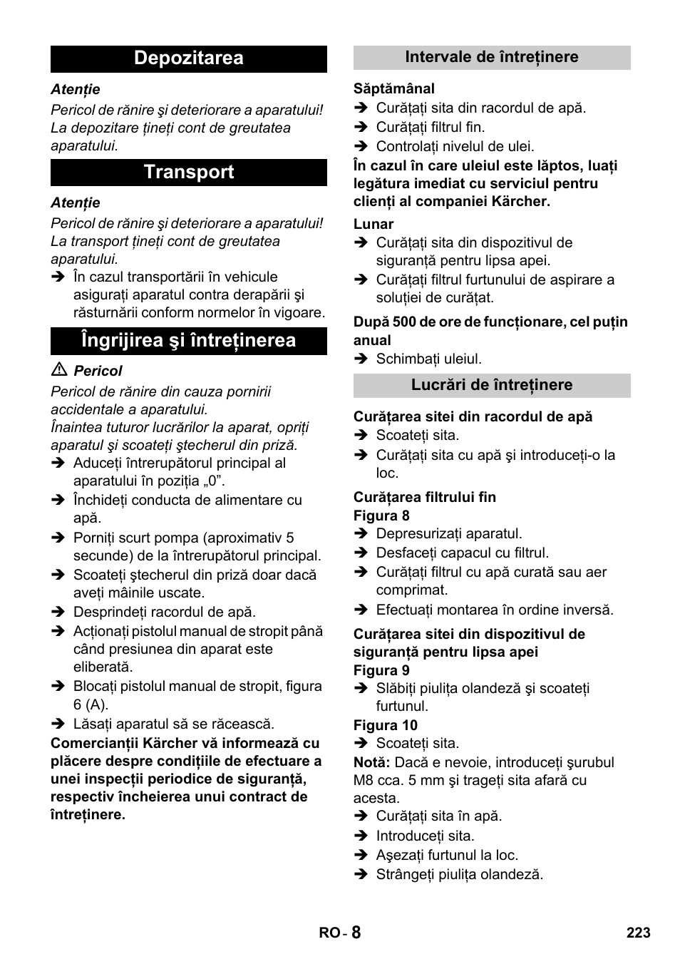 Depozitarea transport îngrijirea şi întreţinerea | Karcher HDS 650 4M BASICEU-I User Manual | Page 223 / 328