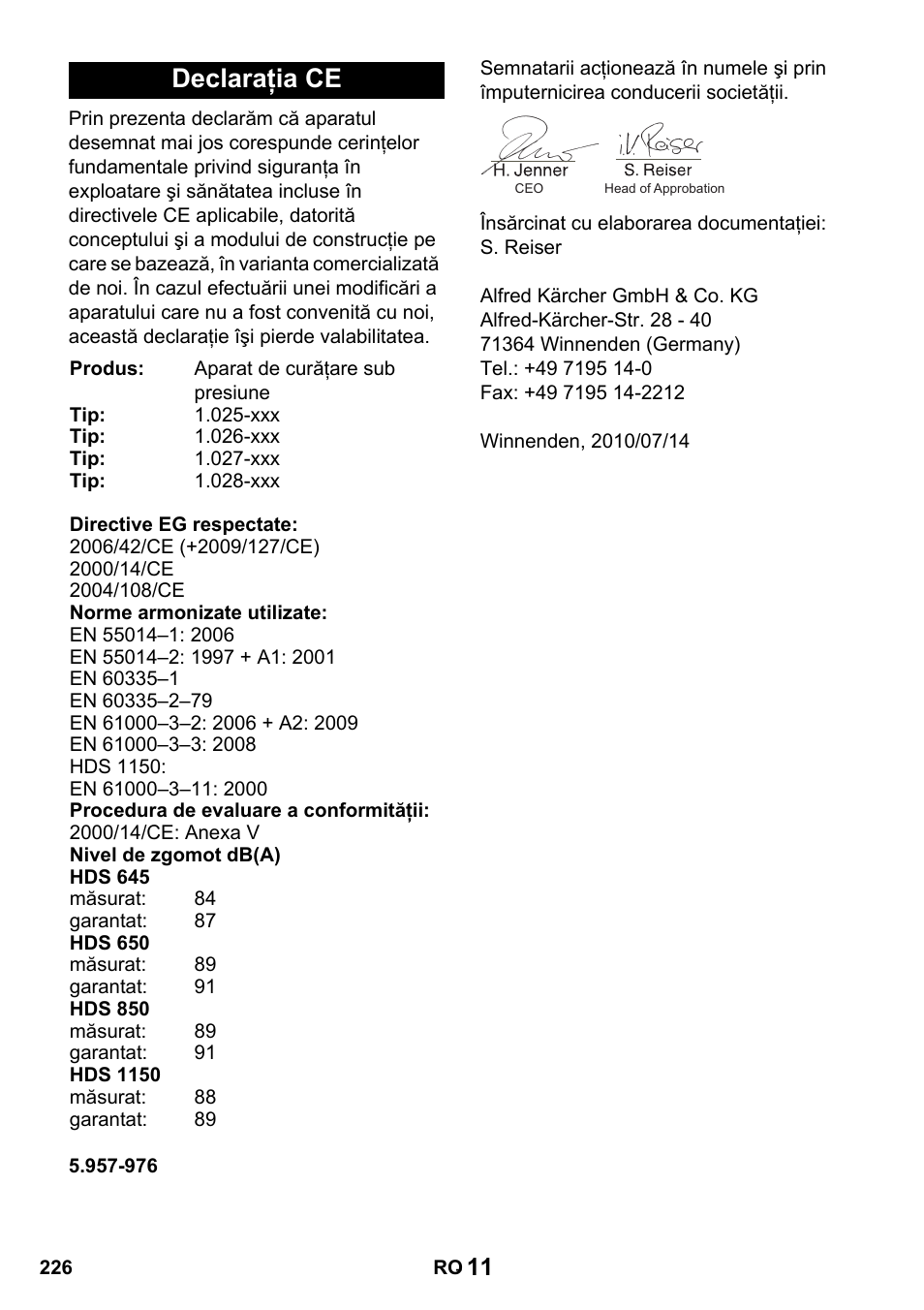 Declaraţia ce | Karcher HDS 650 4M BASICEU-I User Manual | Page 226 / 328