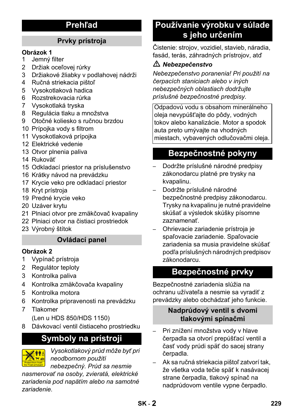 Prehľad, Bezpečnostné pokyny bezpečnostné prvky | Karcher HDS 650 4M BASICEU-I User Manual | Page 229 / 328
