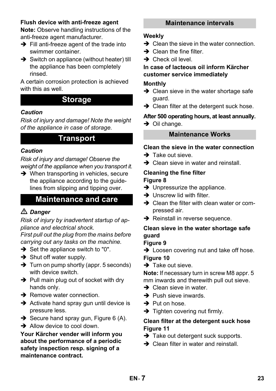 Storage transport maintenance and care | Karcher HDS 650 4M BASICEU-I User Manual | Page 23 / 328