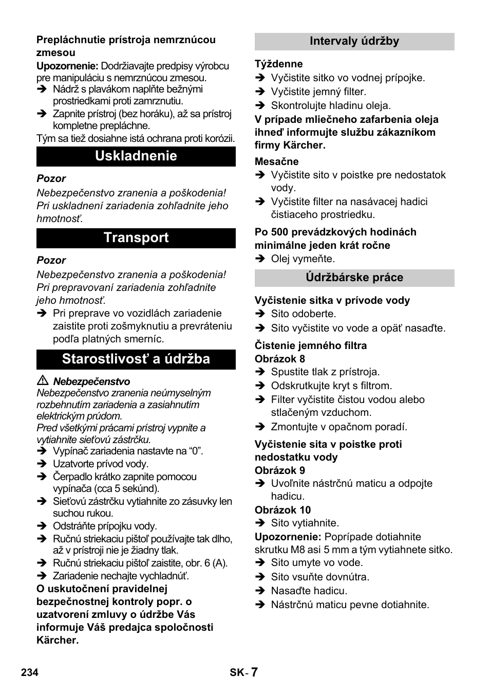 Uskladnenie transport starostlivosť a údržba | Karcher HDS 650 4M BASICEU-I User Manual | Page 234 / 328