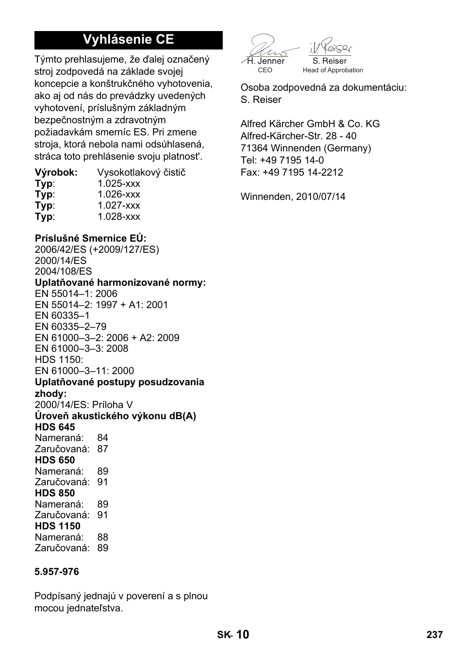 Vyhlásenie ce | Karcher HDS 650 4M BASICEU-I User Manual | Page 237 / 328