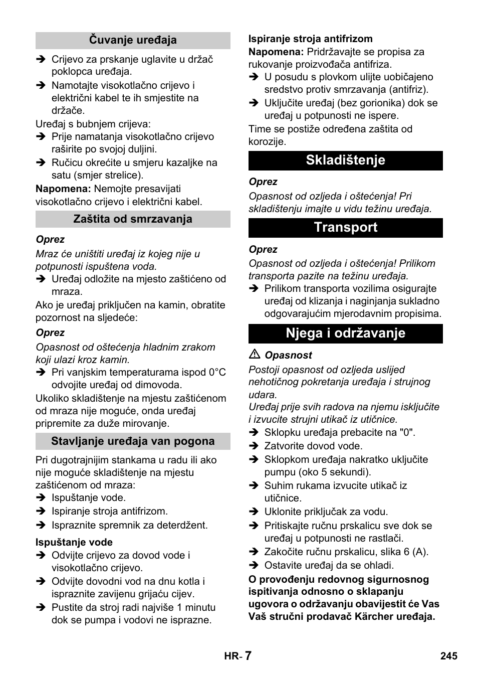 Skladištenje transport njega i održavanje | Karcher HDS 650 4M BASICEU-I User Manual | Page 245 / 328