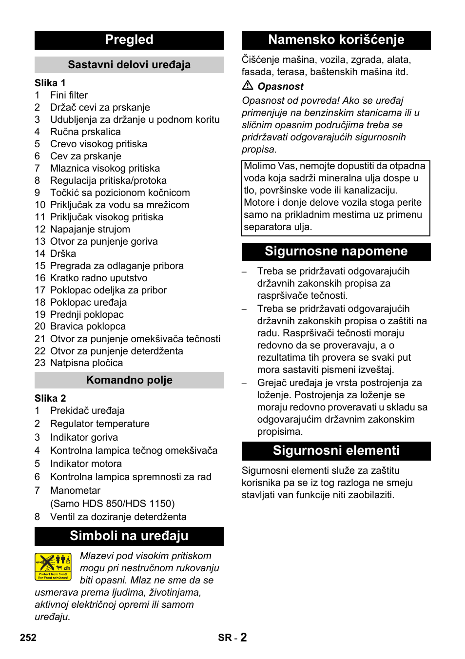 Pregled, Simboli na uređaju namensko korišćenje, Sigurnosne napomene sigurnosni elementi | Karcher HDS 650 4M BASICEU-I User Manual | Page 252 / 328