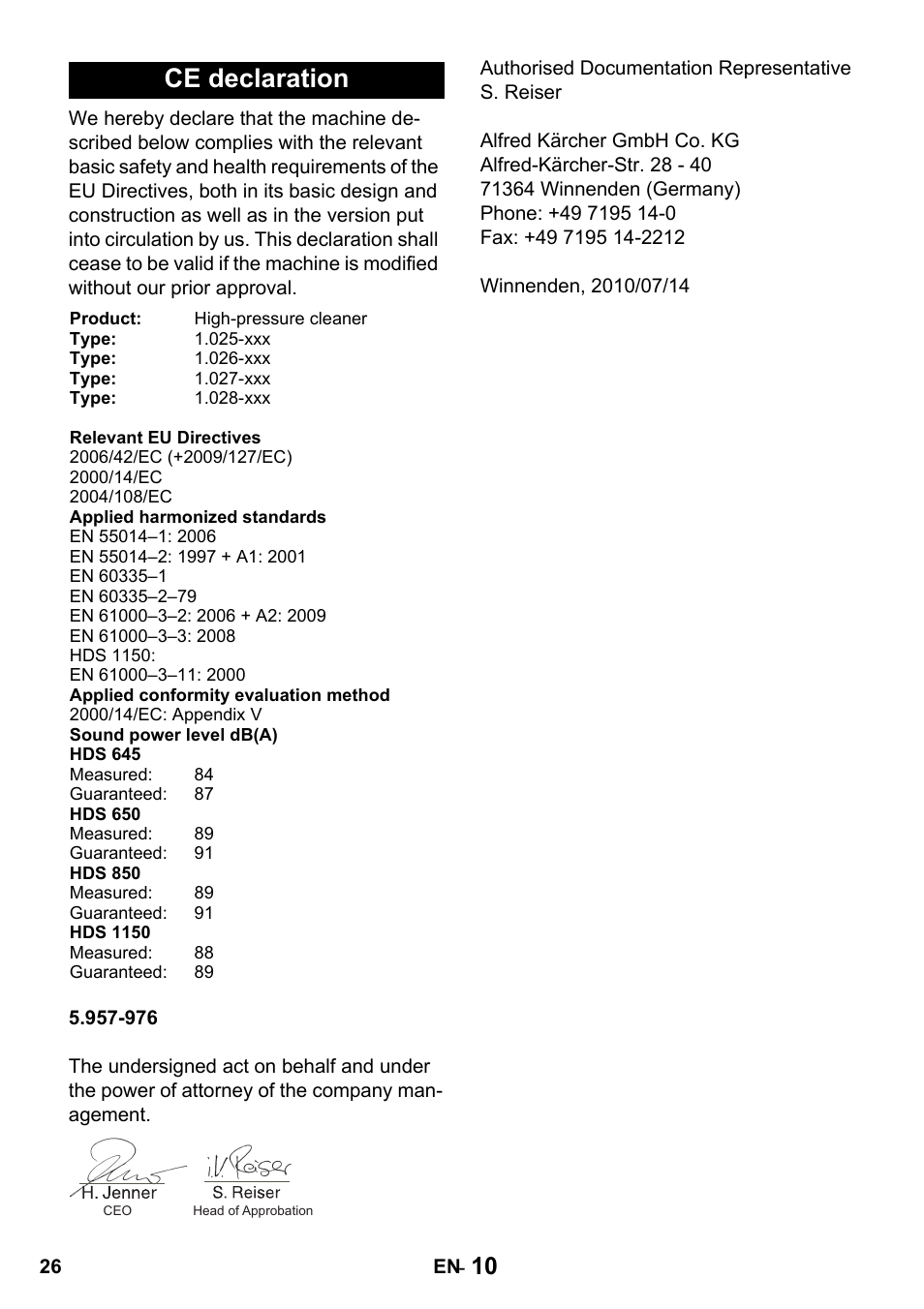 Ce declaration | Karcher HDS 650 4M BASICEU-I User Manual | Page 26 / 328