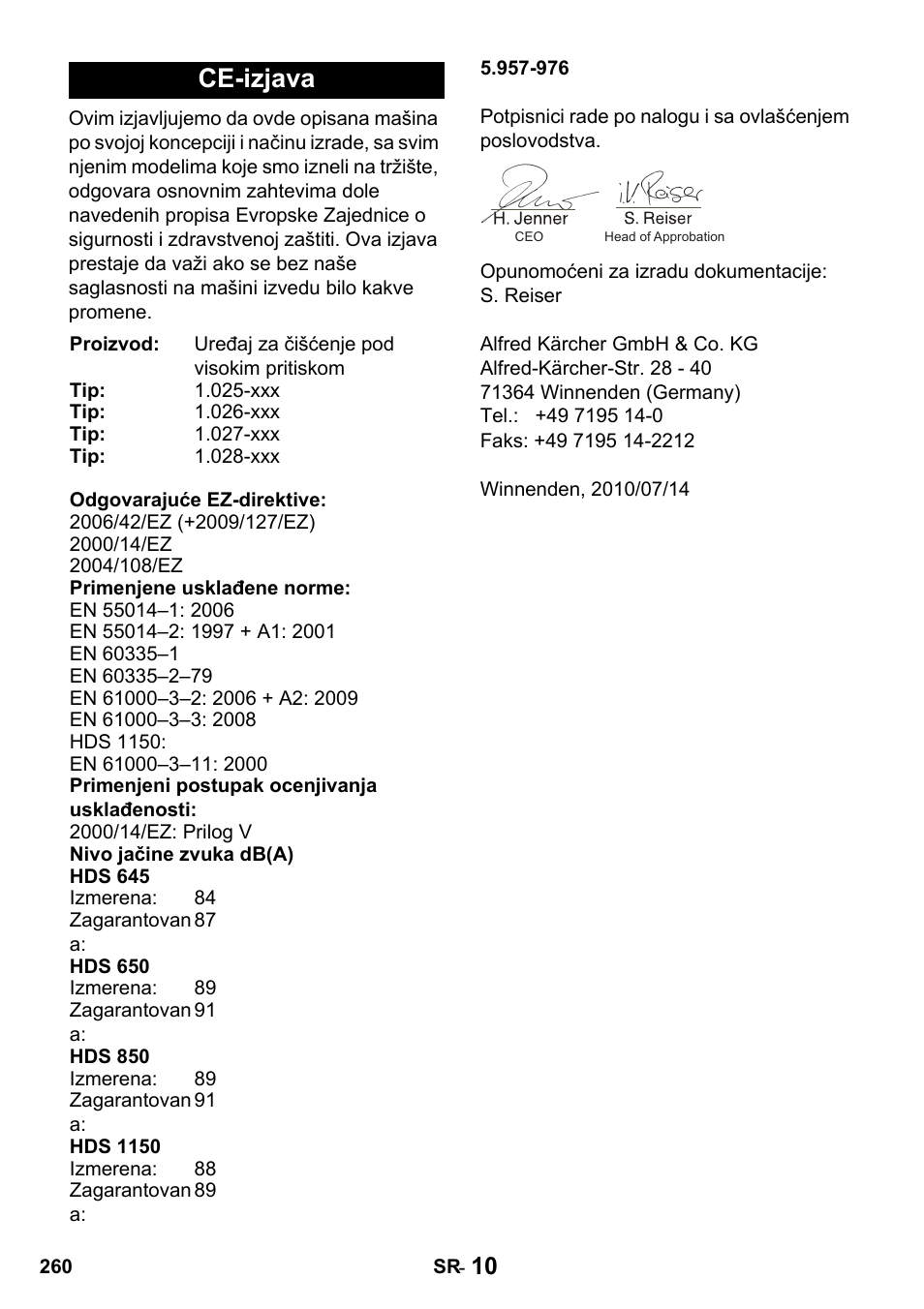 Ce-izjava | Karcher HDS 650 4M BASICEU-I User Manual | Page 260 / 328