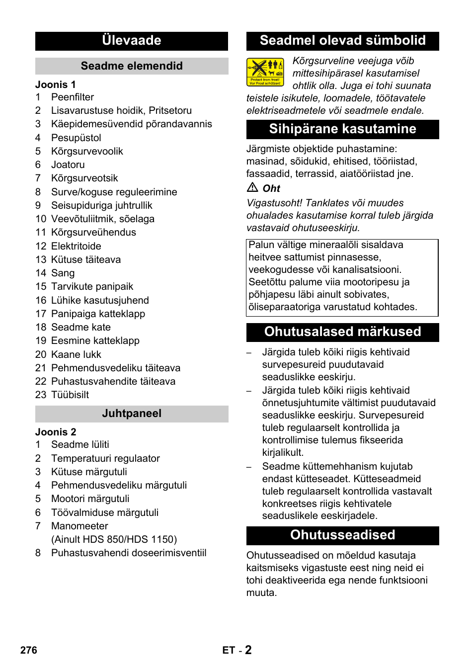 Ülevaade, Seadmel olevad sümbolid sihipärane kasutamine, Ohutusalased märkused ohutusseadised | Karcher HDS 650 4M BASICEU-I User Manual | Page 276 / 328