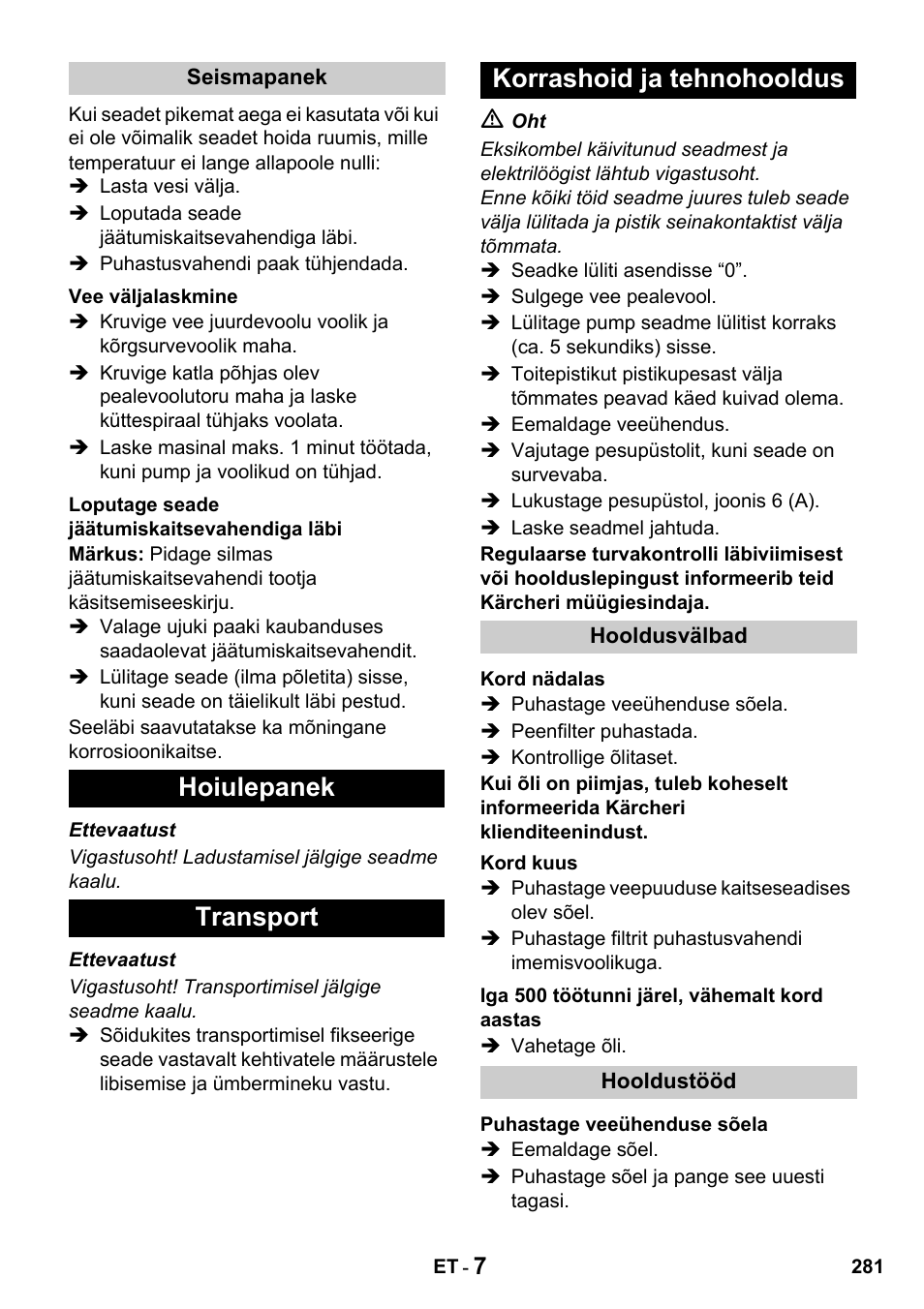 Hoiulepanek transport korrashoid ja tehnohooldus | Karcher HDS 650 4M BASICEU-I User Manual | Page 281 / 328