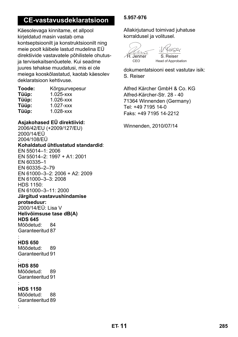 Ce-vastavusdeklaratsioon | Karcher HDS 650 4M BASICEU-I User Manual | Page 285 / 328