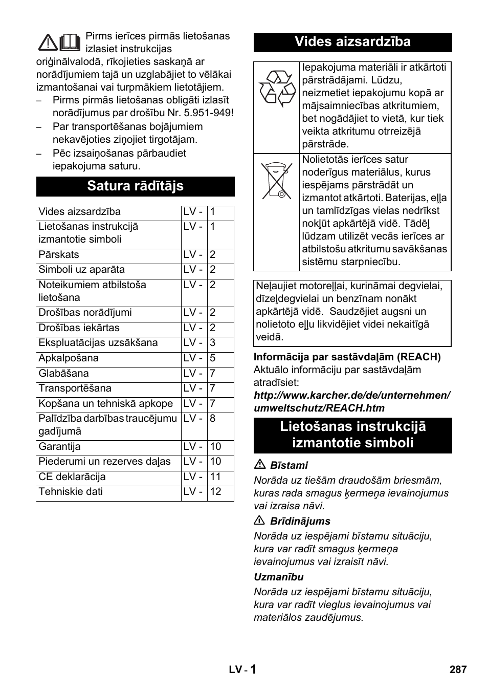 Satura rādītājs, Vides aizsardzība, Lietošanas instrukcijā izmantotie simboli | Karcher HDS 650 4M BASICEU-I User Manual | Page 287 / 328