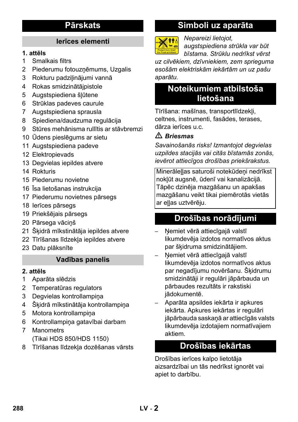 Pārskats, Drošības norādījumi drošības iekārtas | Karcher HDS 650 4M BASICEU-I User Manual | Page 288 / 328