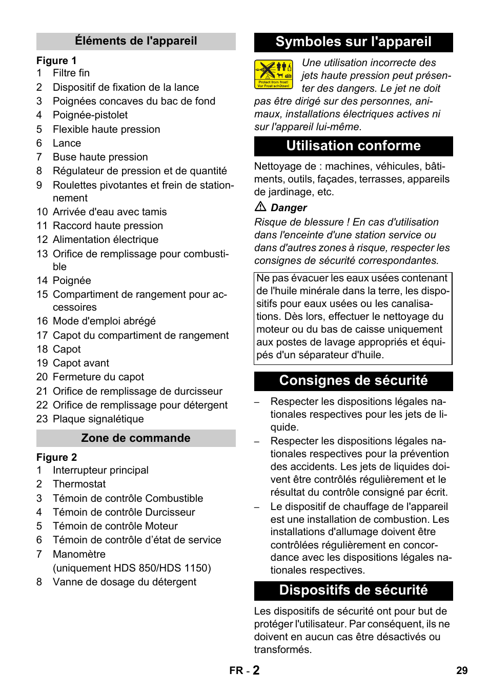 Symboles sur l'appareil utilisation conforme, Consignes de sécurité dispositifs de sécurité | Karcher HDS 650 4M BASICEU-I User Manual | Page 29 / 328