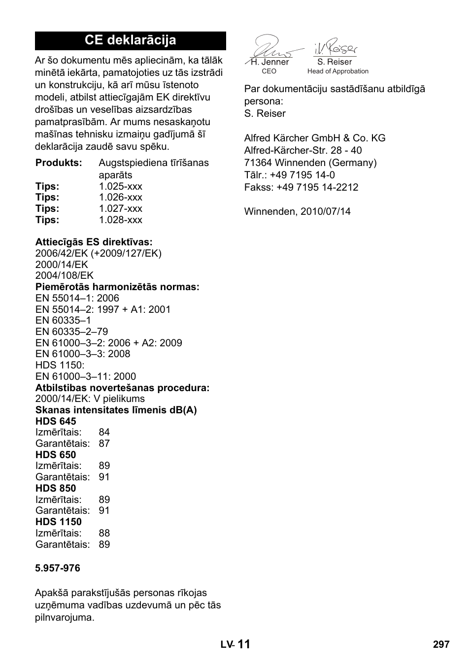 Ce deklarācija | Karcher HDS 650 4M BASICEU-I User Manual | Page 297 / 328