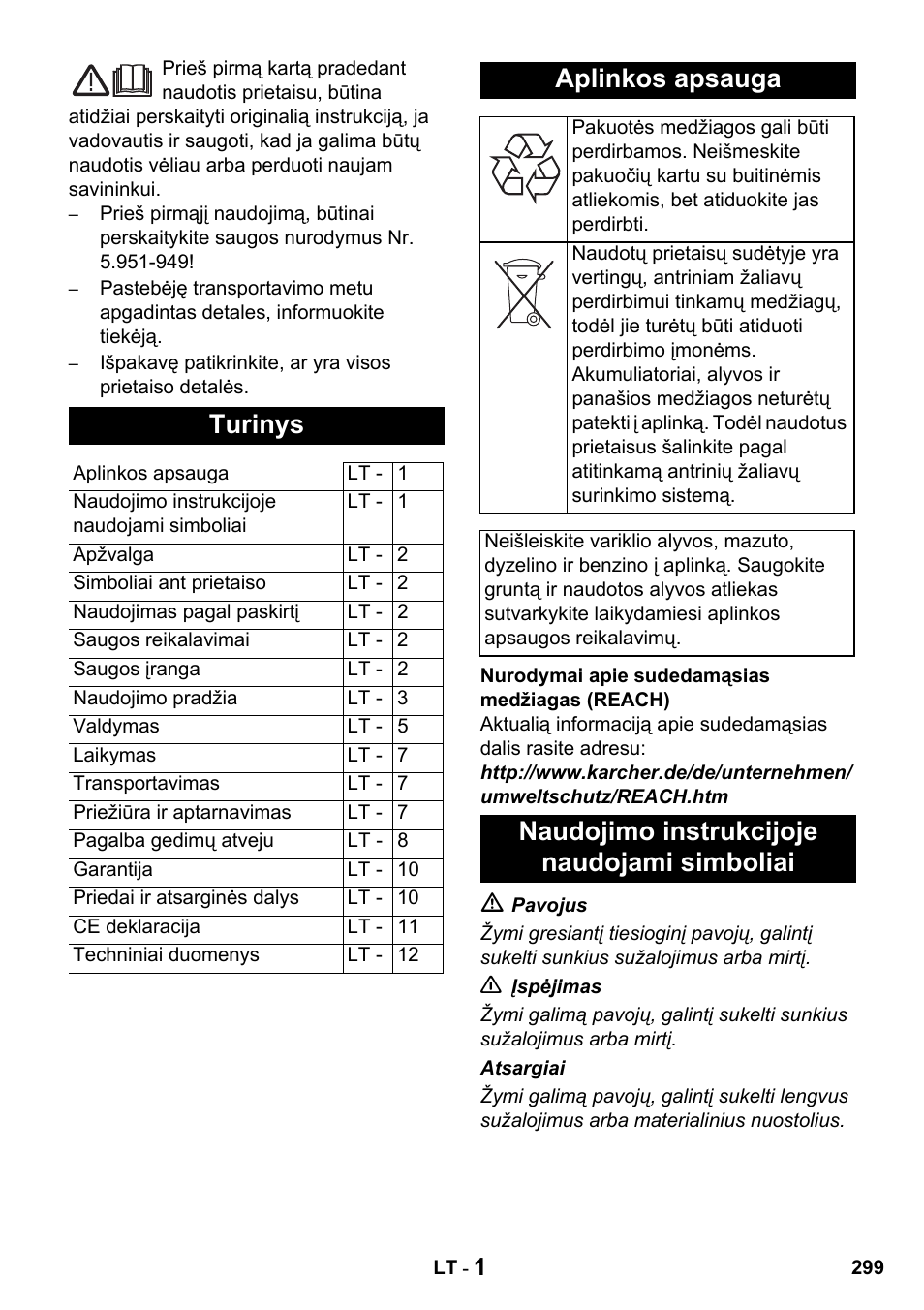 Turinys, Aplinkos apsauga, Naudojimo instrukcijoje naudojami simboliai | Karcher HDS 650 4M BASICEU-I User Manual | Page 299 / 328