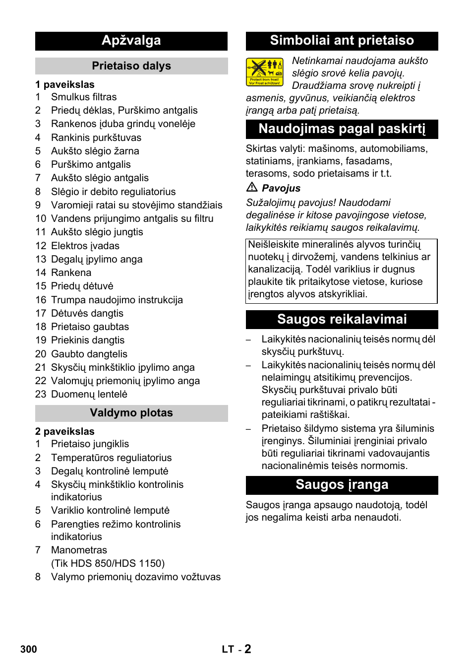Apžvalga, Simboliai ant prietaiso naudojimas pagal paskirtį, Saugos reikalavimai saugos įranga | Karcher HDS 650 4M BASICEU-I User Manual | Page 300 / 328