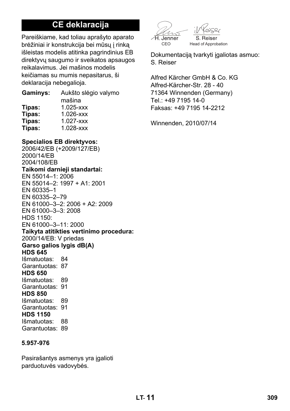 Ce deklaracija | Karcher HDS 650 4M BASICEU-I User Manual | Page 309 / 328