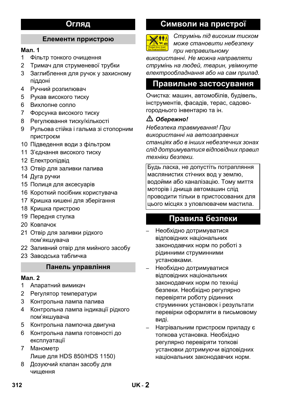 Огляд, Символи на пристрої правильне застосування, Правила безпеки | Karcher HDS 650 4M BASICEU-I User Manual | Page 312 / 328